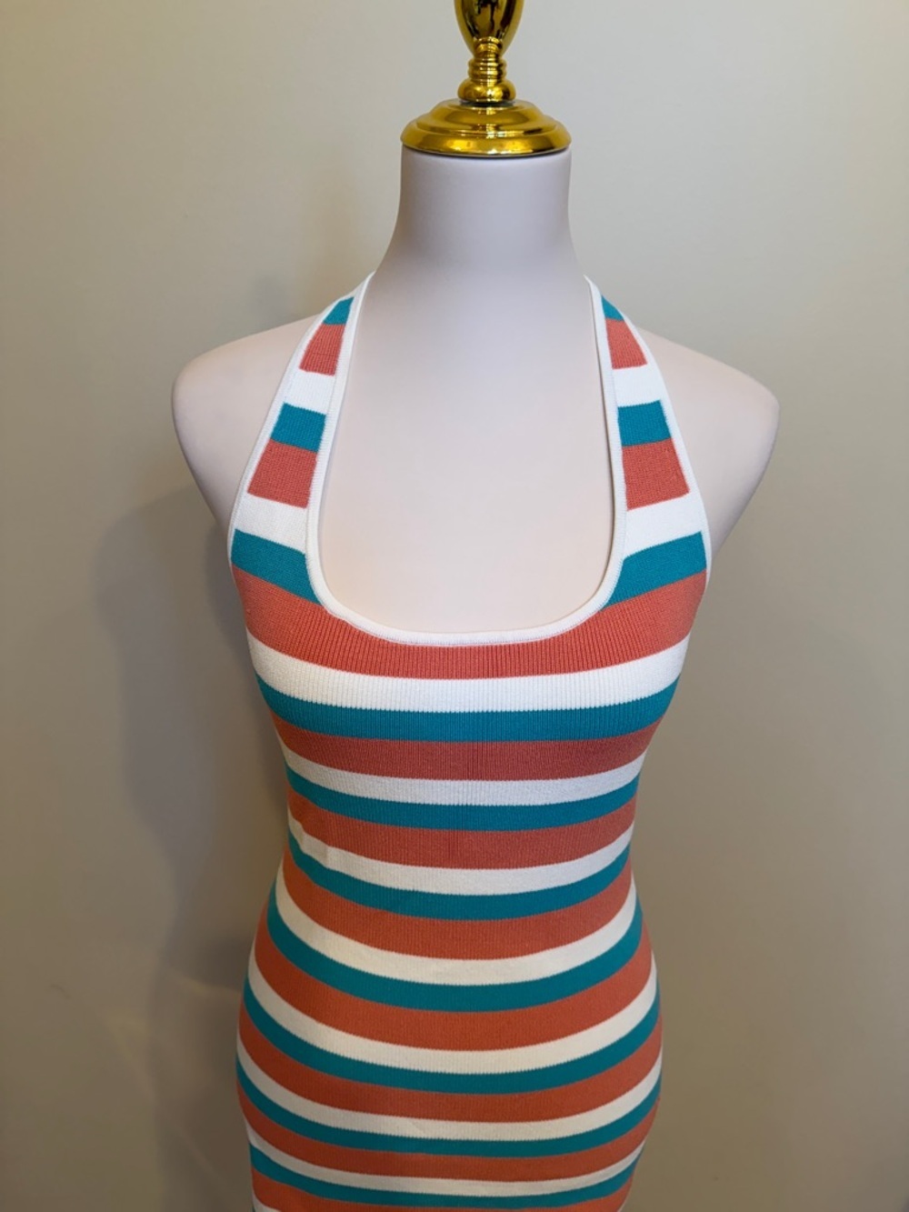 Babaton Aritzia Striped Halter Bodycon Knit Dress Size M Coral Blue White - Picture 5 of 7